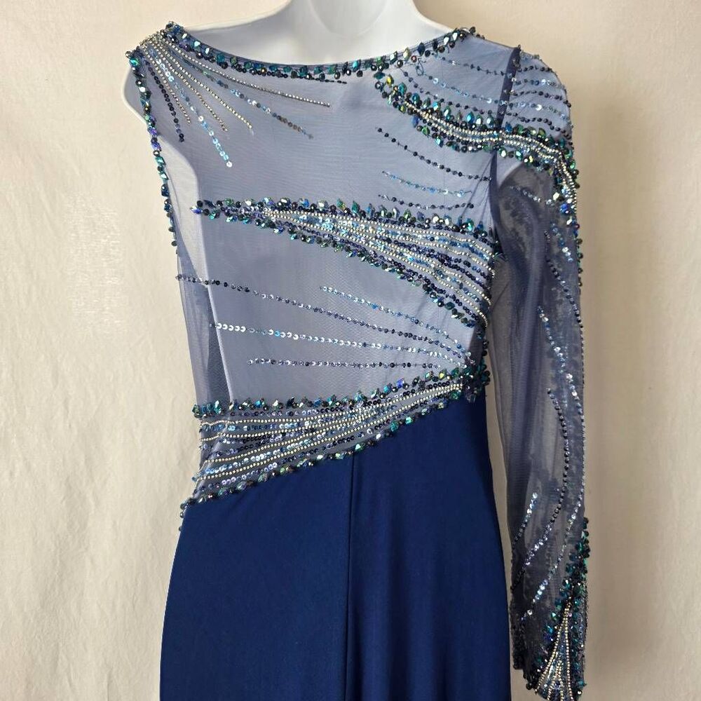 TONY BOWLS Blue Beaded One Shoulder Prom Gown - Picture 10 of 16